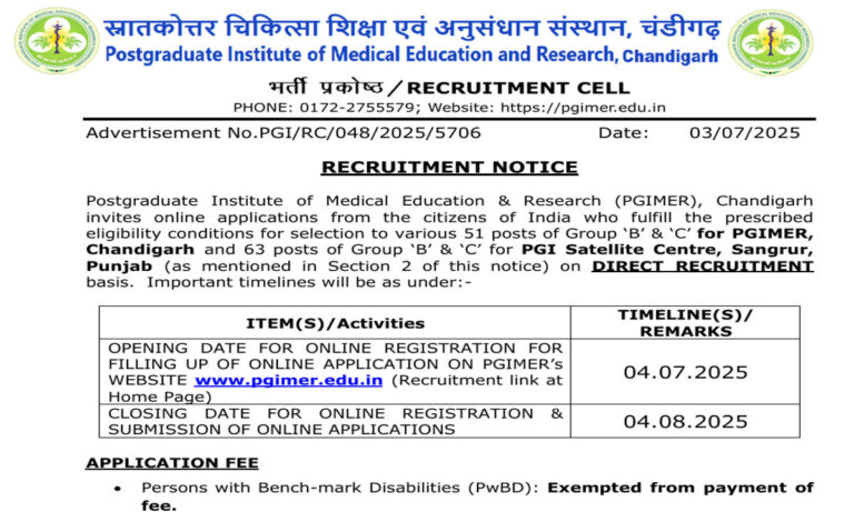 PGIMER Recruitment 2025 Image from official website of PGIMER