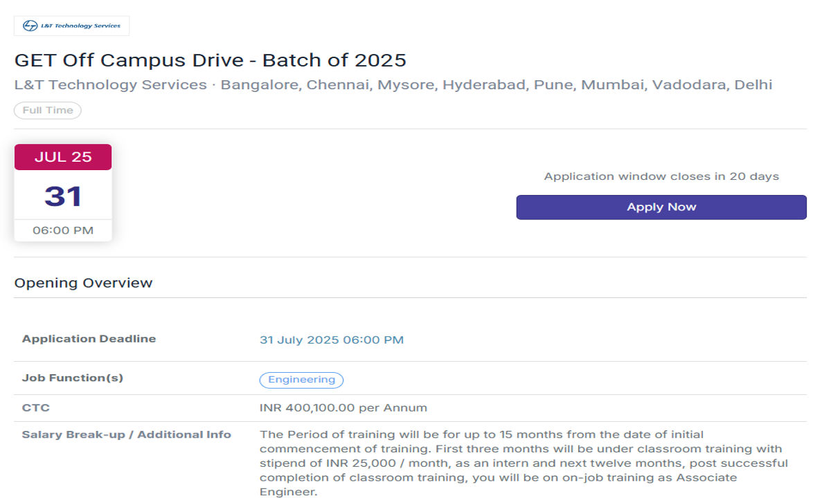 L&T Off Campus Drive 2025 image from official website of superset